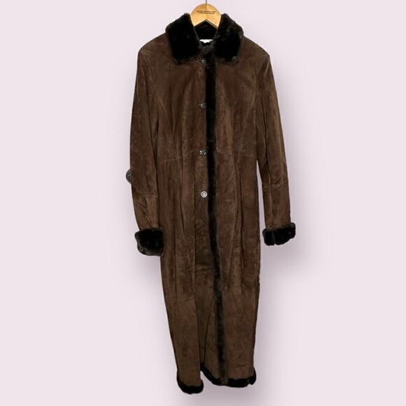 Marvin Richards rich brown leather long overcoat with fur trim size small - Picture 2 of 11